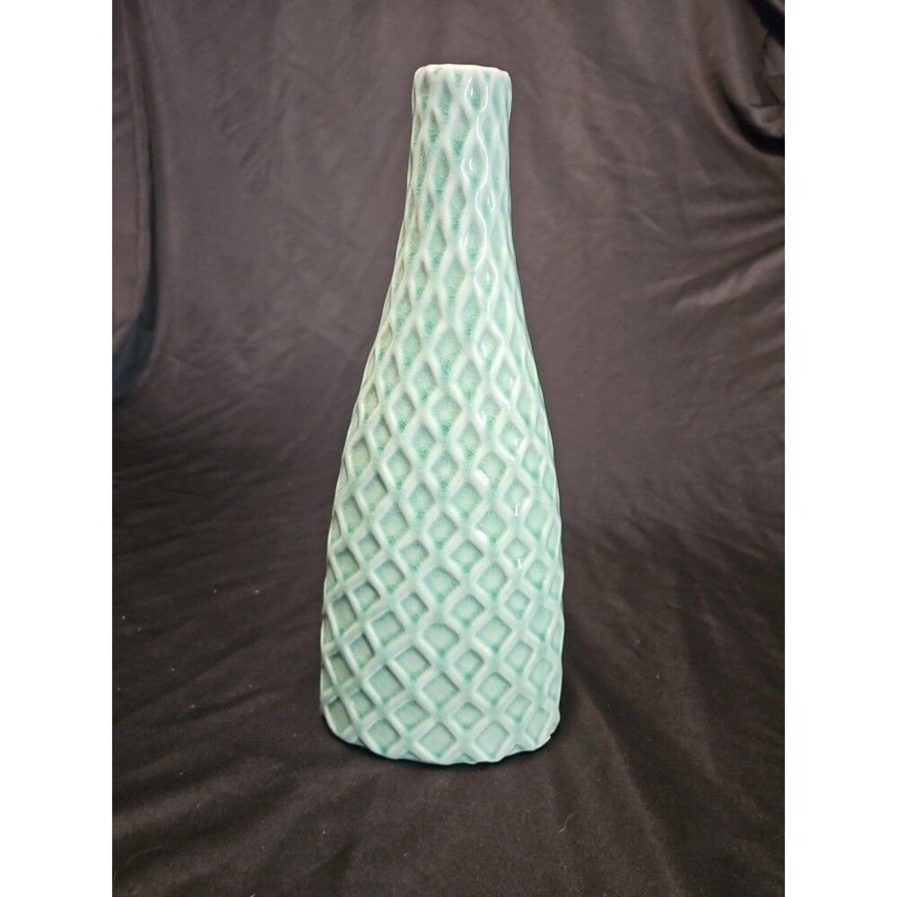 Modern Teal Ceramic Diamond Textured Crackle Glazed Vase 12.5" Tall Pristine